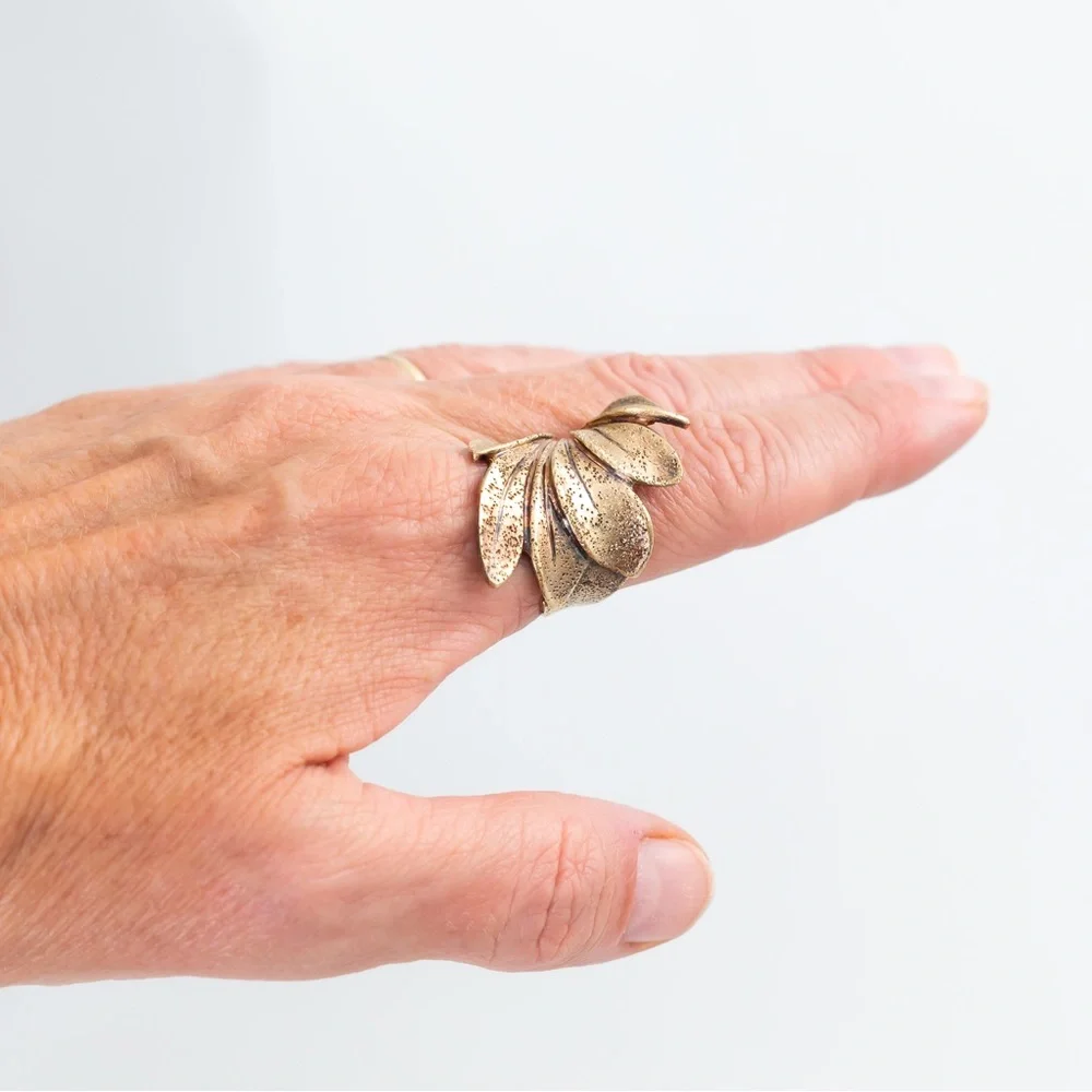 18K yellow gold over sterling silver textured leaf wrap ring 10